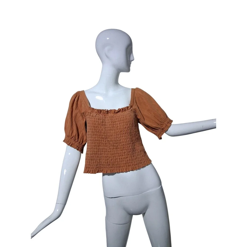 Free People Smocked Bodice Women's size Medium Ribbed Puff Sleeve Peasant Top‎